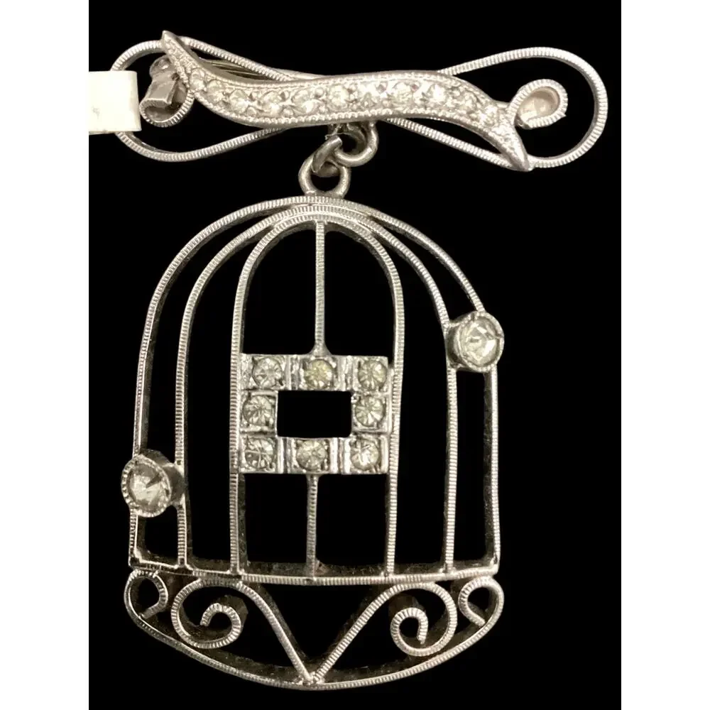 Beautiful Vintage Sterling Silver Bird Cage Brooch With Rhinestones